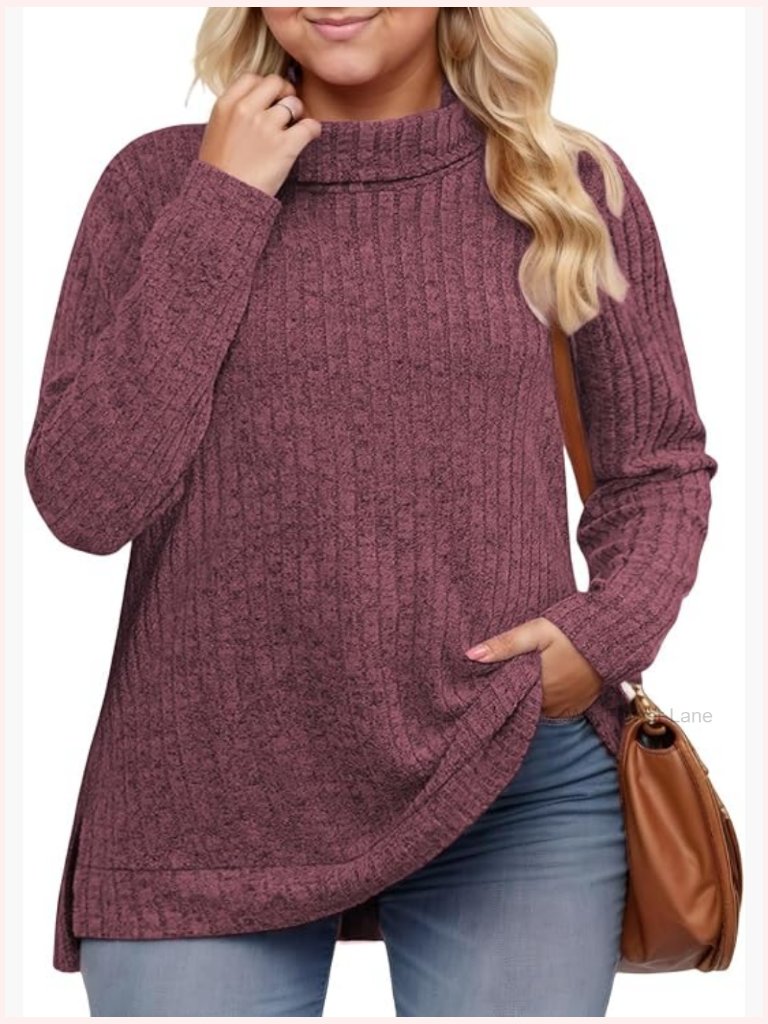 Plus Size Turtleneck Lightweight Sweater Side Split Tunic Top Long Sleeve